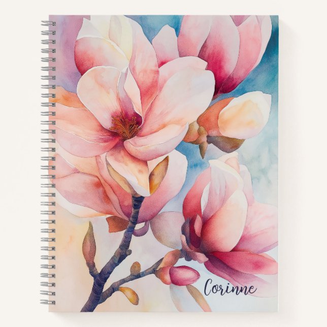 Your Name Elegant Pink Magnolia Blossoms Notebook (Front)