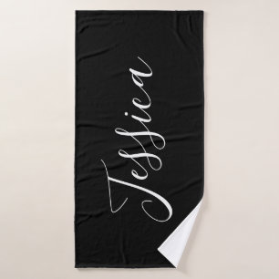 Your Name   Elegant White Script on Black Bath Towel Set