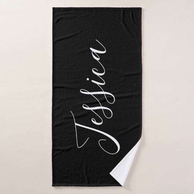 Your Name | Elegant White Script on Black Bath Towel Set (Bath Towel)