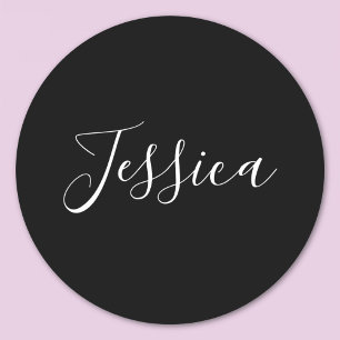 Your Name   Elegant White Script on Black Classic Round Sticker