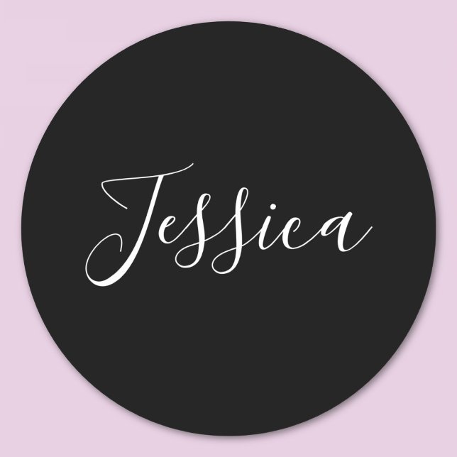 Your Name | Elegant White Script on Black Classic Round Sticker (Creator Uploaded)