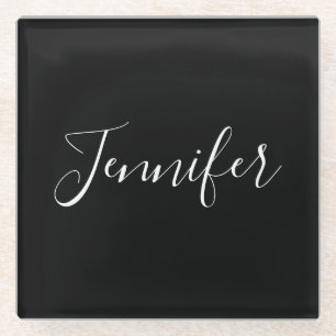 Your Name   Elegant White Script on Black Glass Coaster