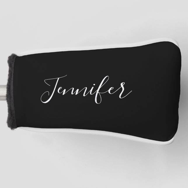 Your Name | Elegant White Script on Black Golf Head Cover (Front)