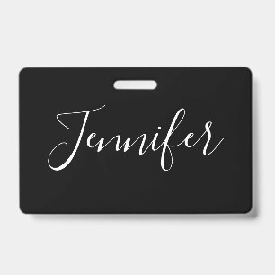 Your Name Elegant White Script on Black ID Badge