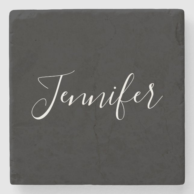 Your Name | Elegant White Script on Black Stone Coaster (Front)