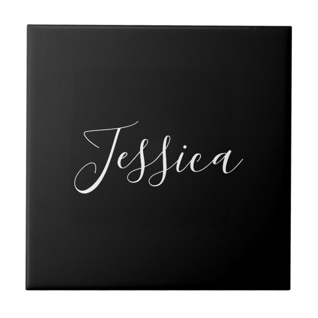 Your Name | Elegant White Script on Black Tile (Front)
