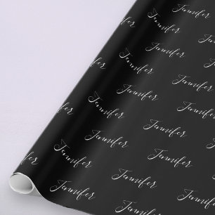 Your Name   Elegant White Script on Black Wrapping Paper