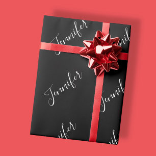 Your Name   Elegant White Script on Black Wrapping Paper