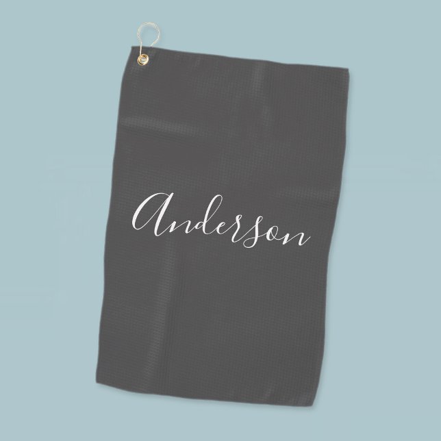 Your Name | Elegant White Script on Grey Golf Towel (Creator Uploaded)