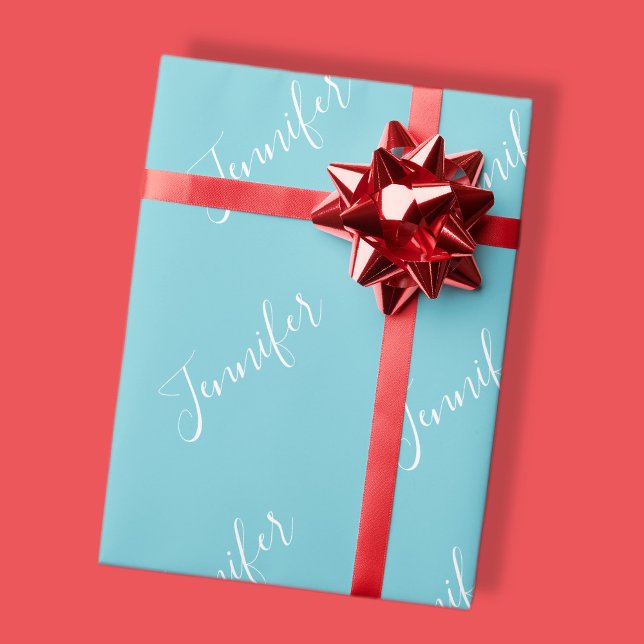 Your Name | Elegant White Script on Robin Egg Blue Wrapping Paper (Creator Uploaded)