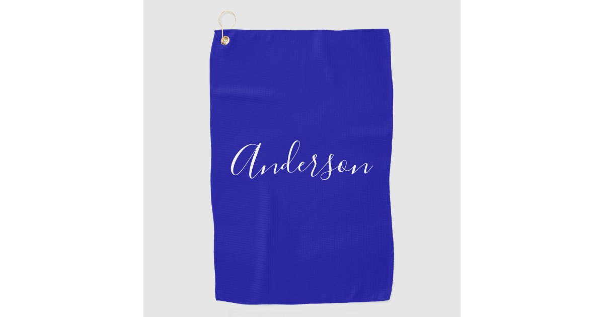 Your Name Elegant White Script on Royal Blue Golf Towel Zazzle