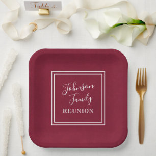 Your Name Family Reunion Script Burgundy Paper Plate