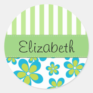 Your Name - Flowers, Petals, Blossoms - Green Blue Classic Round Sticker