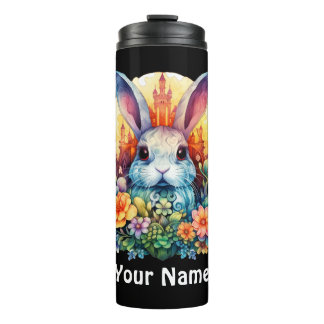 Your Name Fluffy Bunny and flowers Thermal Tumbler