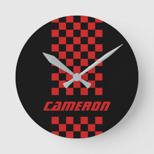 Your Name Fully Custom Colors Checkered Stripe Round Clock