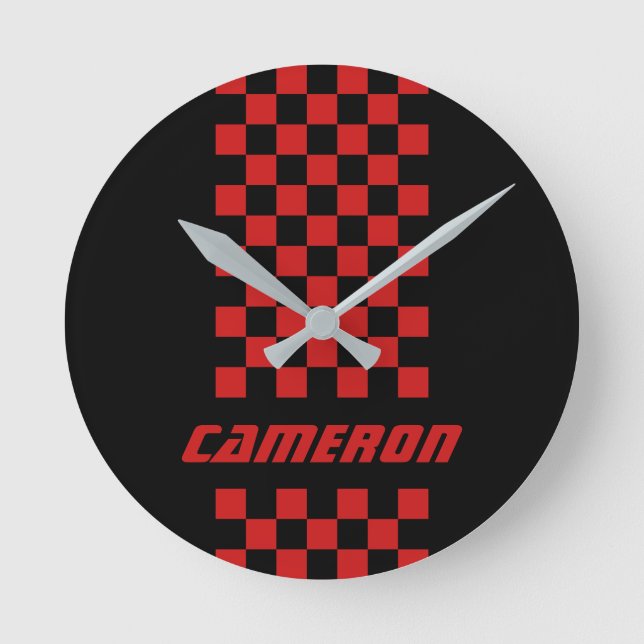 Your Name Fully Custom Colors Checkered Stripe Round Clock (Front)