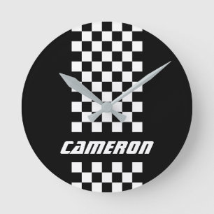 Your Name Fully Custom Colours Chequered Stripe Round Clock