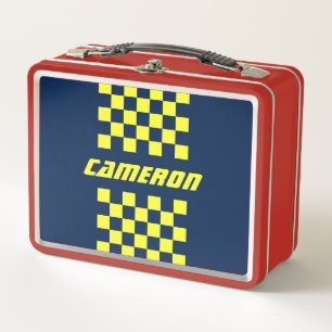 Your Name Fully Editable Colours Chequered Stripe Metal Lunch Box