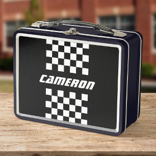 Your Name Fully Editable Colours Chequered Stripe Metal Lunch Box