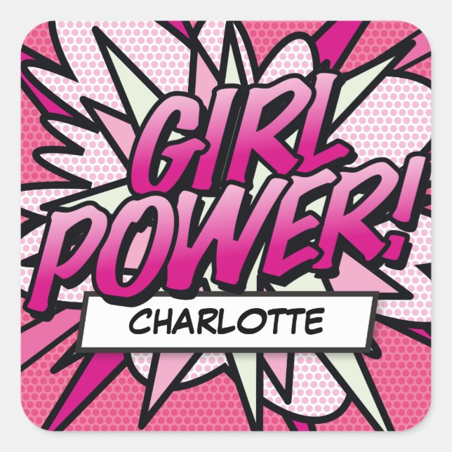 Your Name GIRL POWER Fun Retro Comic Book Pop Art Square Sticker (Front)
