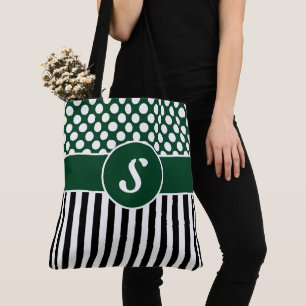 Your Name Green White Stripes Polka Dot Tote Bag