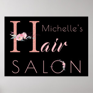 Your name hair salon floral glitter pink black poster