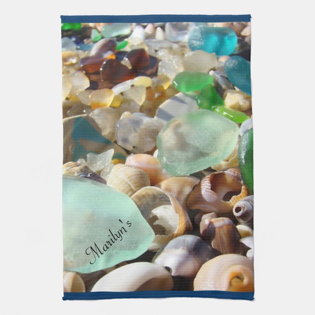 Your Name Hand Towels Personalised Blue Seaglass (Vertical)
