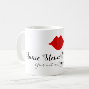 your name handwritten + red lips + custom message coffee mug