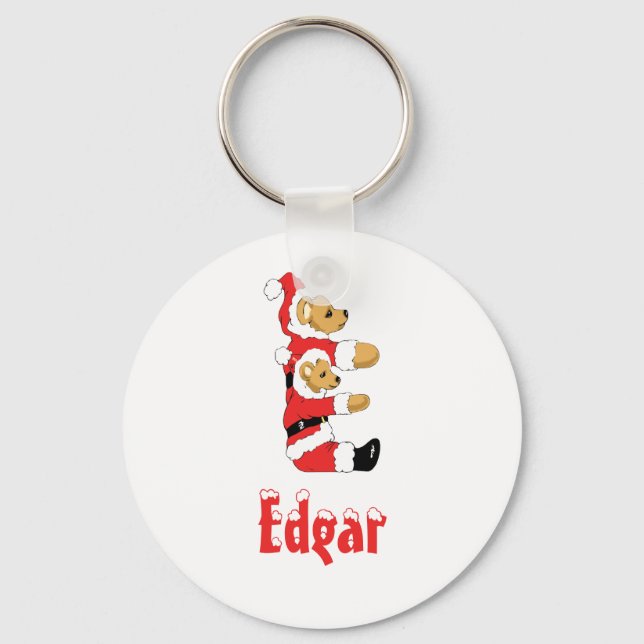 Your Name Here! Custom Letter E Teddy Bear Santas Key Ring (Front)