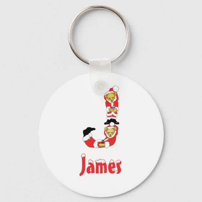 Your Name Here! Custom Letter J Teddy Bear Santas Key Ring (Front)