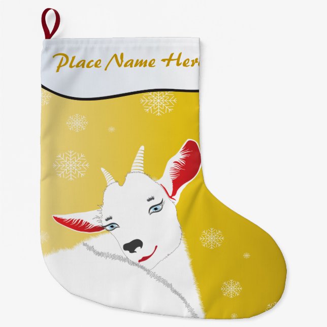 YOUR NAME HERE Cute Christmas Goat Gold Large Christmas Stocking (Front)
