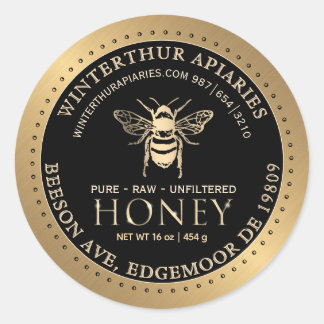 Your Name Here Editable Gold Bee Honey on Black Classic Round Sticker