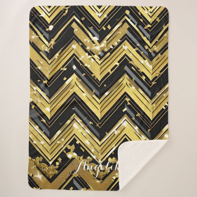 Your Name Here in Chevron Black and Gold Sherpa Blanket (Front)