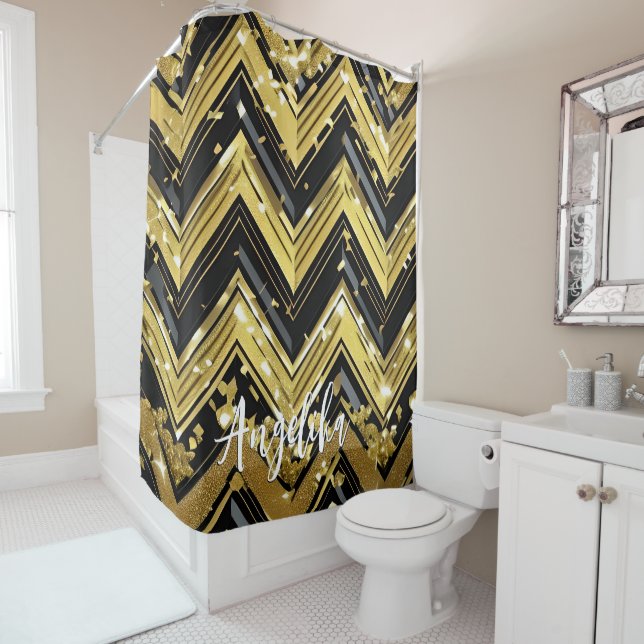 Your Name Here in Chevron Black and Gold Shower Curtain (In Situ)