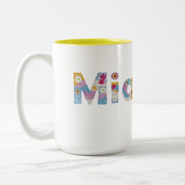 Your name in artsy floral letters / Mia Two-Tone Coffee Mug (Left)