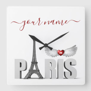 Your Name in Paris Eiffel Tower Heart Angel Wings Square Wall Clock