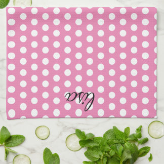 your name in pink and white dots trendy pattern tea towel
