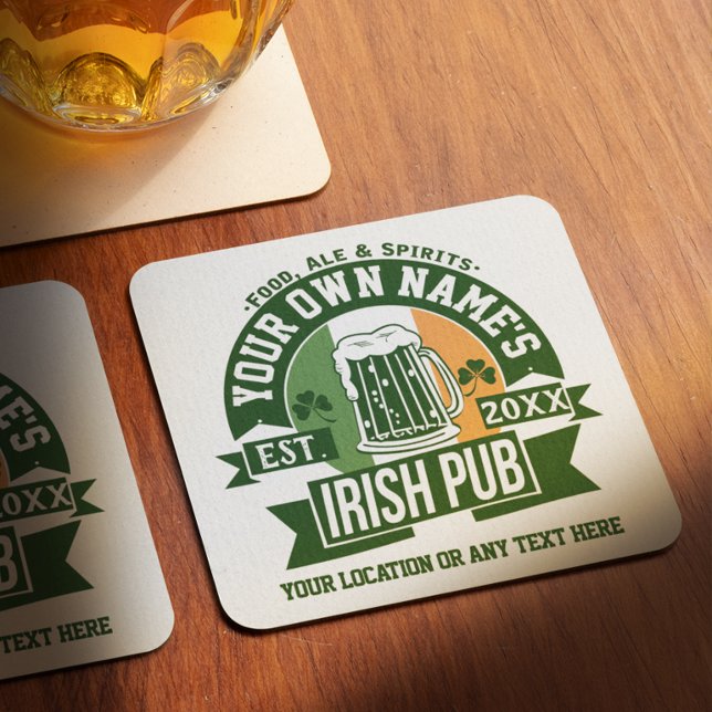 Your Name Irish Pub | Personalised St Patricks Day Square Paper Coaster (Creator Uploaded)