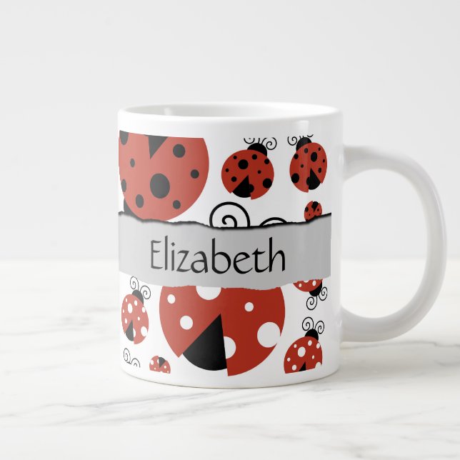 Your Name - Ladybugs, Ladybirds - Red Black Large Coffee Mug (Right)