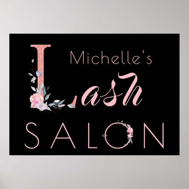 Your name lash salon floral glitter pink black poster (Front)