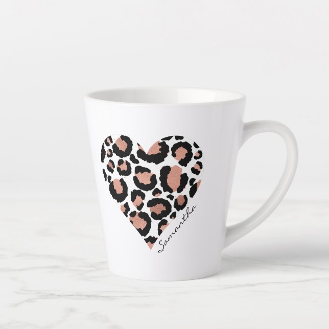 Your Name Leopard Cheetah Pattern Heart Latte Mug (Right)