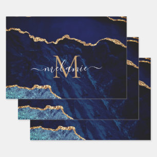 Your Name Letter Agate Navy Blue Gold Marble Gift Wrapping Paper Sheet