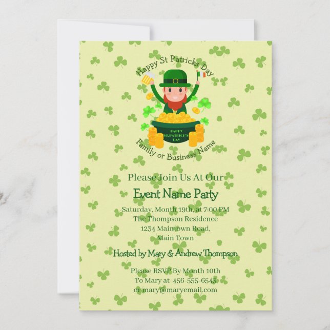 Your Name Message St Patricks Day Green Shamrock Invitation (Front)