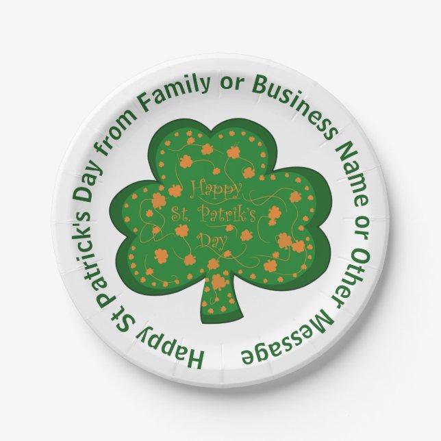 Your Name Message St Patricks Day Green Shamrock Paper Plate (Front)