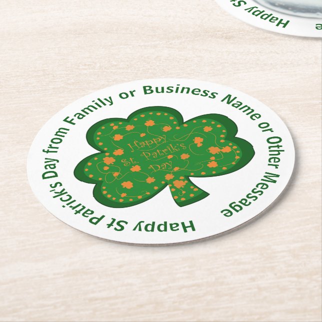 Your Name Message St Patricks Day Green Shamrock Round Paper Coaster (Angled)