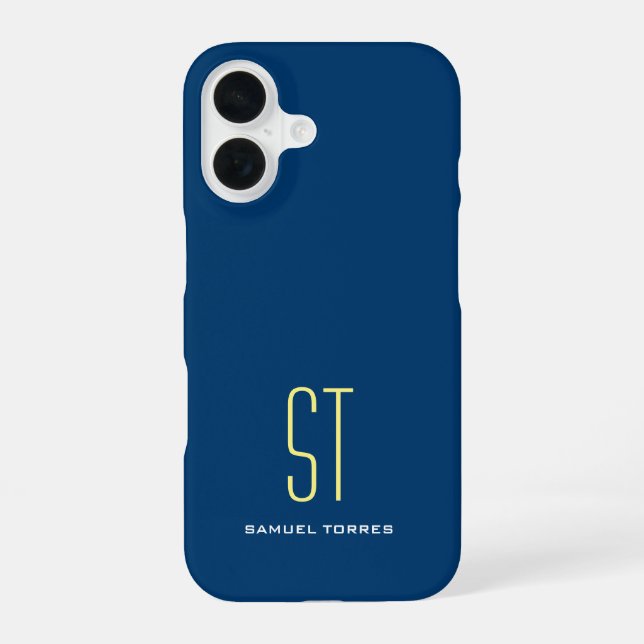 Your name modern plain simple blue yellow monogram iPhone 16 case (Back)