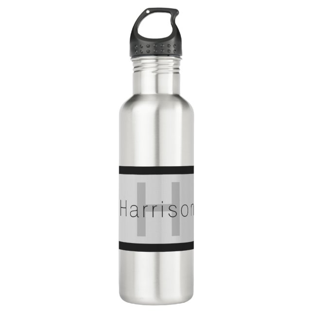 Your Name & Monogram | Greys & Faux Silver Look 710 Ml Water Bottle (Front)