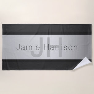 Your Name & Monogram   Greys & Faux Silver Look Beach Towel