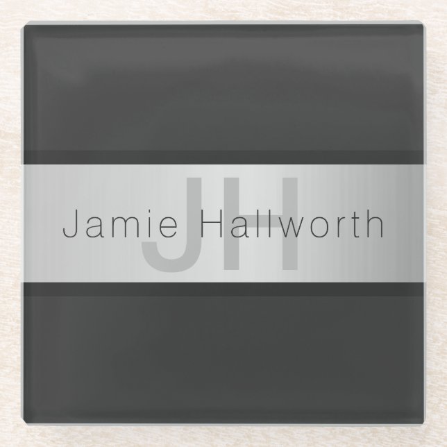 Your Name & Monogram | Greys & Faux Silver Look Glass Coaster (Front)