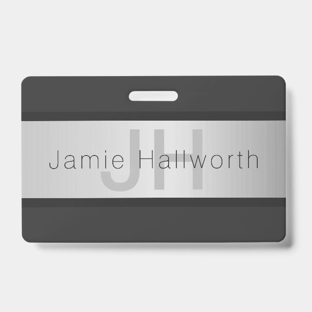 Your Name & Monogram | Greys & Faux Silver Look ID Badge (Front)
